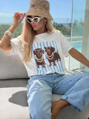 Picture of Cotton T‑Shirt with Striped Dachshund Print