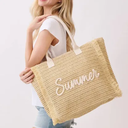 Picture of Straw Braided Summer Print Tote Bag