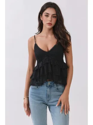 Picture of LC57393A - Plunging Tiered Lace Babydoll Cami Top