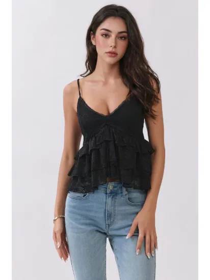Picture of LC57393A - Plunging Tiered Lace Babydoll Cami Top