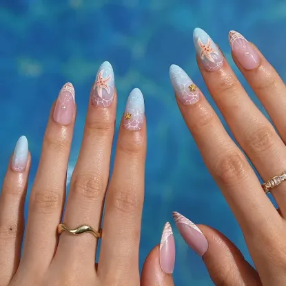 Picture of Summer Beach Blue Fake Nails-3D Starfish Shell French Design