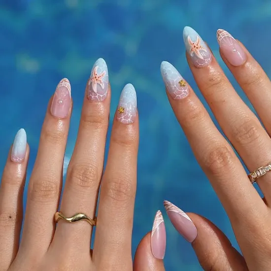 Picture of Summer Beach Blue Fake Nails-3D Starfish Shell French Design