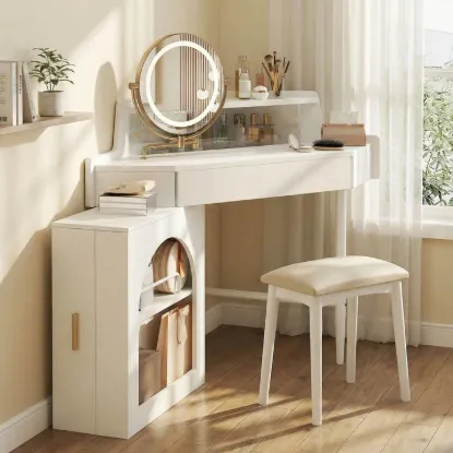 Picture of Linnea Wood Corner Makeup Vanity Set with Led Mirror and Upholstered Stool