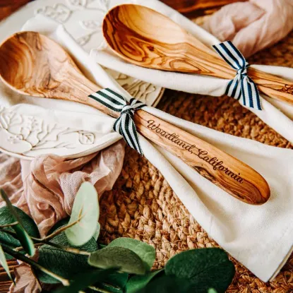 Picture of Custom City Name Olive Wood Serving Spoon & Towel Gift Set