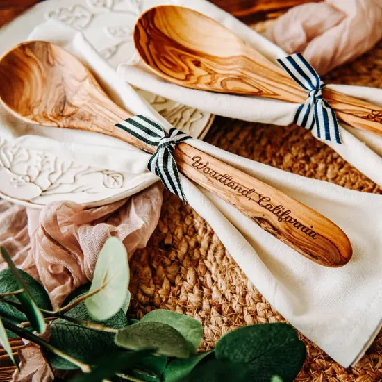 Picture of Custom City Name Olive Wood Serving Spoon & Towel Gift Set