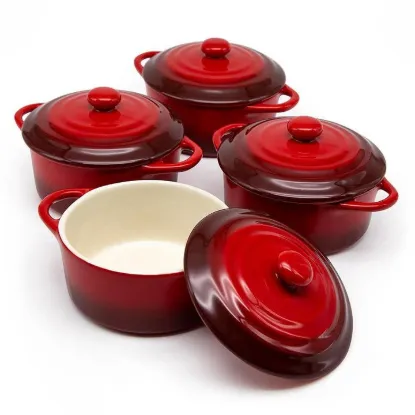 Picture of Kook Mini Casserole Dishes & Lids, Ceramic, 12 oz, Set of 4