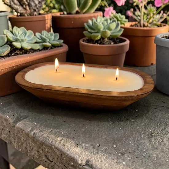 Picture of 10” Mango Wood Dough Bowl Candle | Hand-Poured Soy, 3-Wick