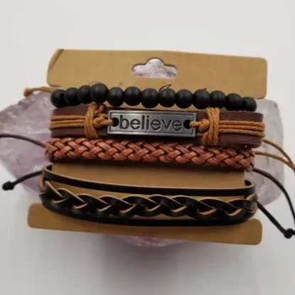 Picture of Believe Braided Black Leather Bracelet For Men - Set of 4