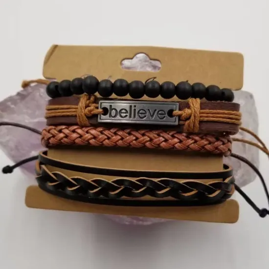 Picture of Believe Braided Black Leather Bracelet For Men - Set of 4